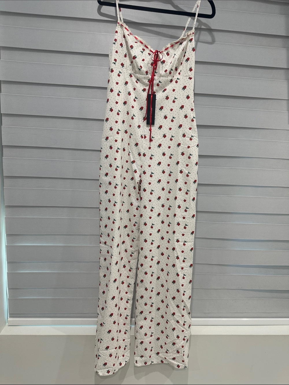 Fashion Nova Cream Floral-Print Satin Jumpsuit with Red Accents